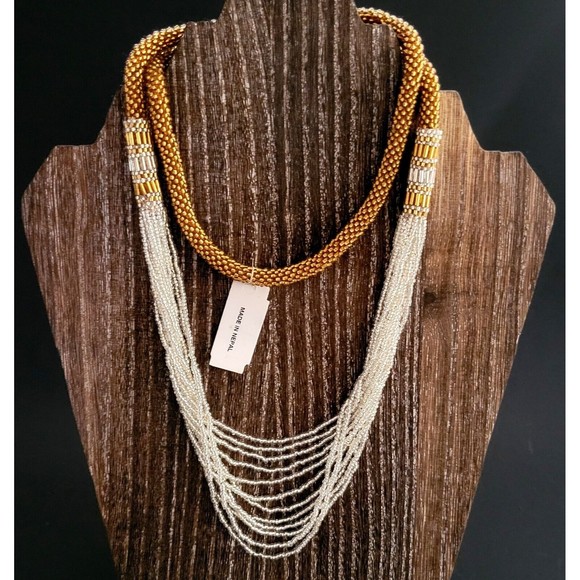Y2K Himalayan Glass Bead Necklace Multi Strands White/Gold Tone 30" Nepal NWT! - Picture 9 of 9